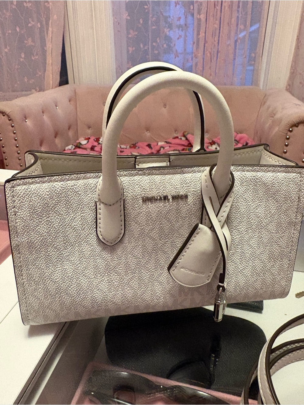 Michael Kors Cream Pebbled Leather Satchel with Contrast Trim